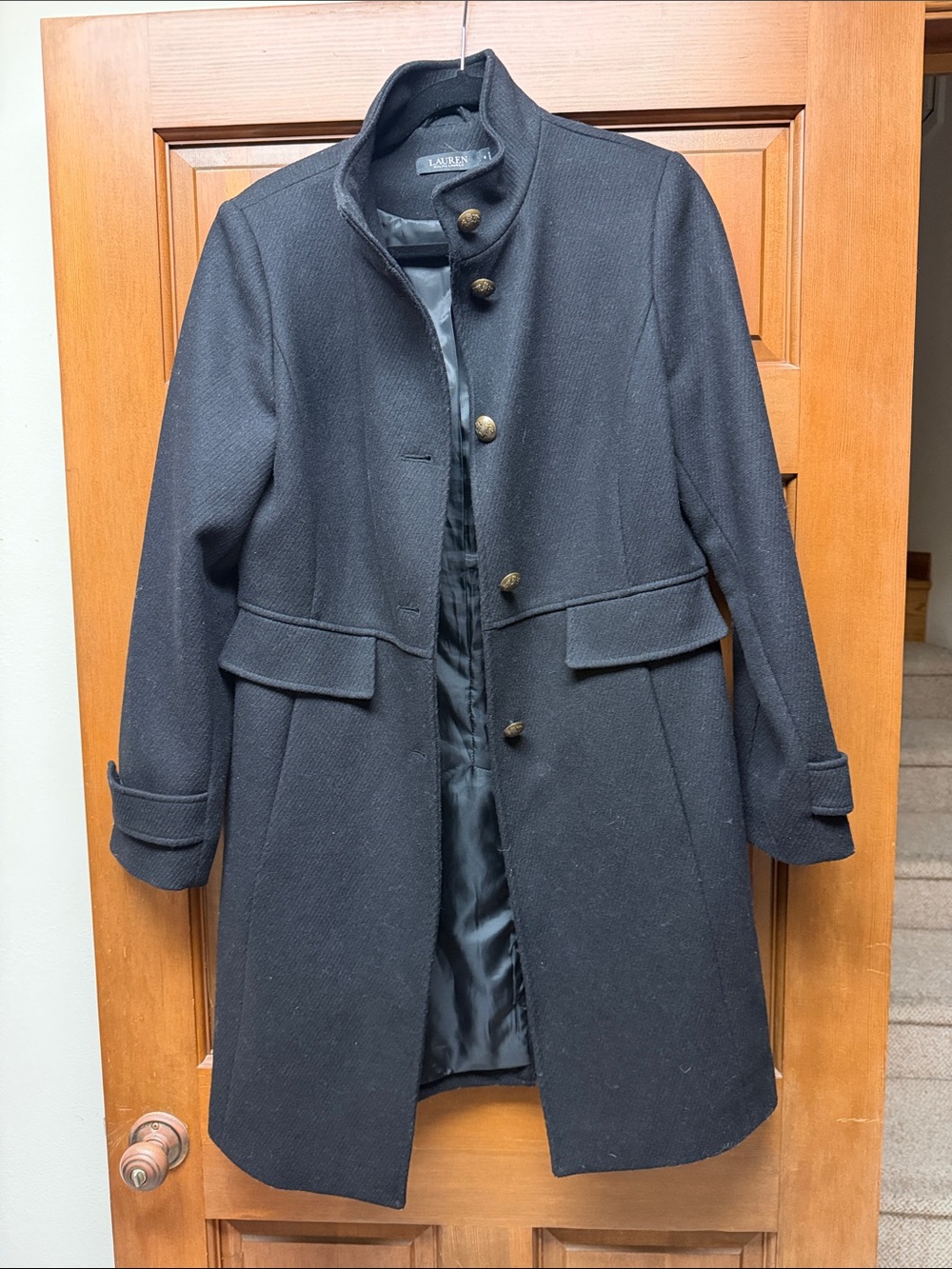 Ralph Lauren Black Label Black Wool Coat Metal Engraved Buttons s.8 exc. cond